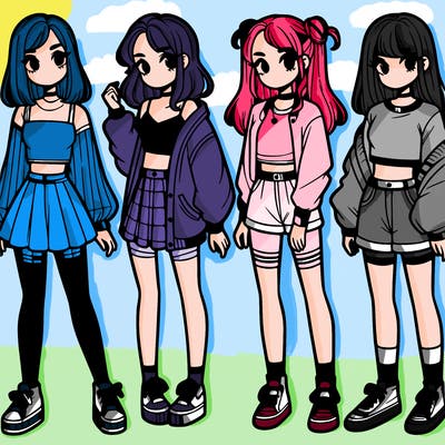 one girl with crop-top shirt and a jacket with a skirt, long socks and another girl with a shirt and pants with a jacket