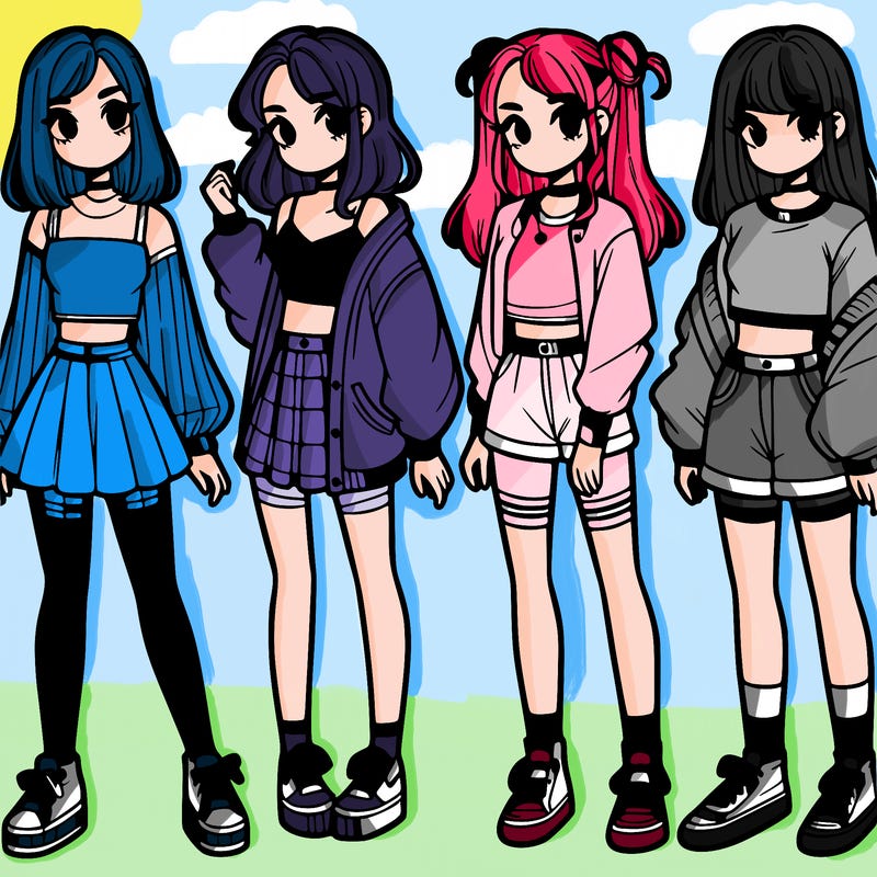 one girl with crop-top shirt and a jacket with a skirt, long socks and another girl with a shirt and pants with a jacket