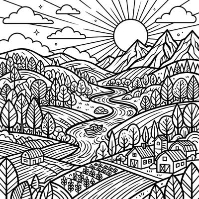 Explore a dynamic Pop Art landscape featuring lush fertile valleys, winding rivers, and charming farmlands. This eye-catching design invites you to unleash your creativity with bold colors and unique style.