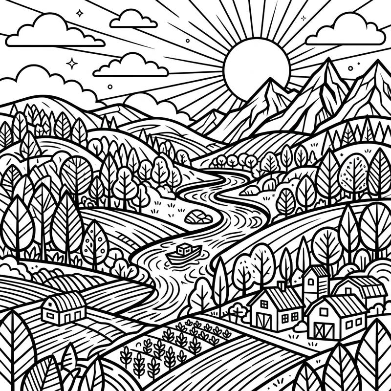 Explore a dynamic Pop Art landscape featuring lush fertile valleys, winding rivers, and charming farmlands. This eye-catching design invites you to unleash your creativity with bold colors and unique style.