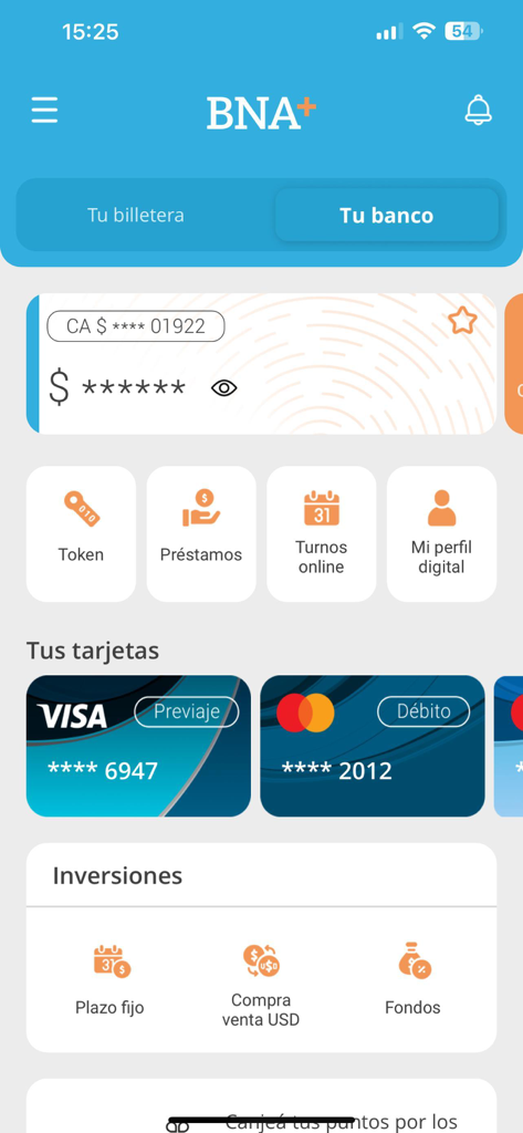 BNA+ - BNA plusアプリのインターフェース、銀行口座残高カードと投資オプションを表示