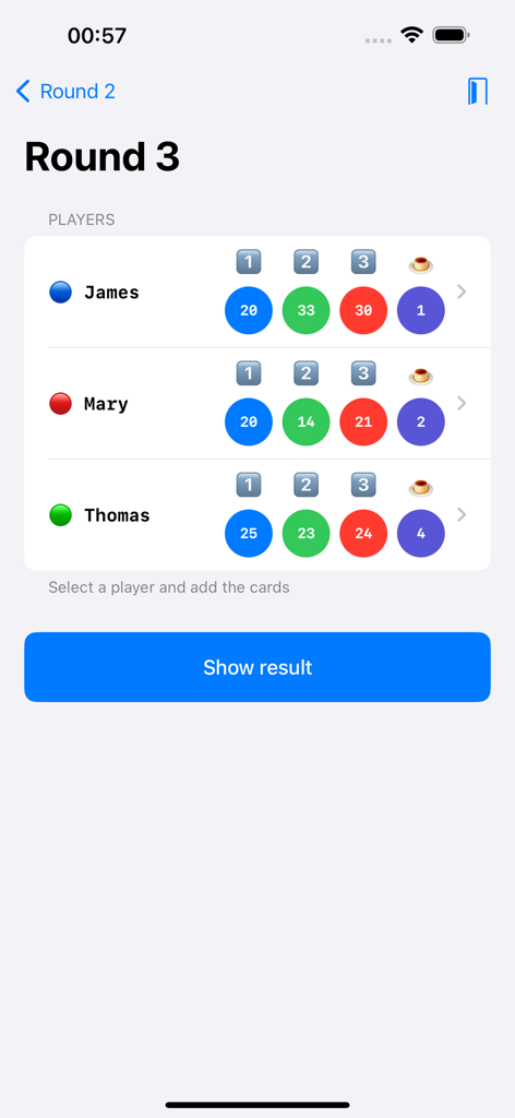 Sushi Go Score Tracker - Score tracking screen for Sushi Go app showing player points for three rounds