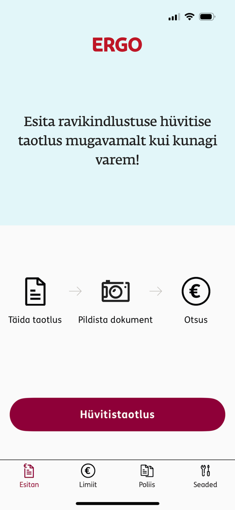 Interface of the ERGO Estonia mobile app showing the three-step process to submit a health insurance claim by taking a photo