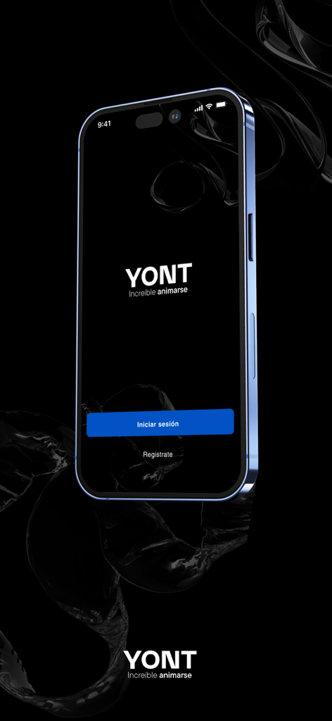 Pantalla de bienvenida de la aplicación de inversión YONT que muestra las opciones de inicio de sesión y registro en un smartphone