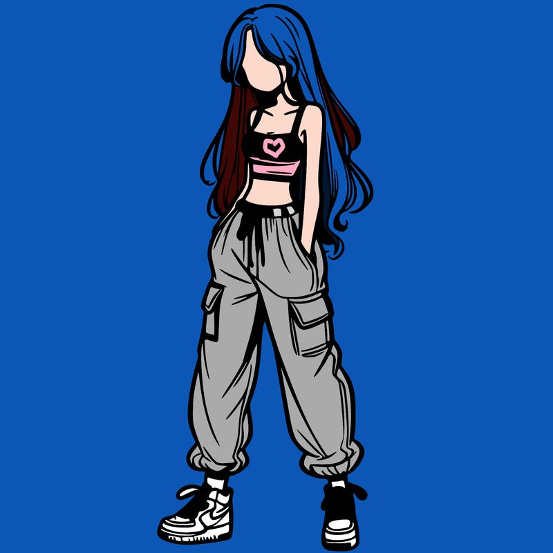 girl in baggy pants crop top and long hair