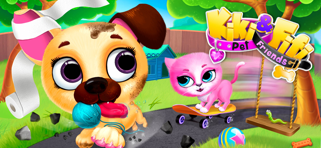 Kiki & Fifi Pet Friends - Kiki the pink cat on a skateboard and Fifi the messy puppy playing with a yarn ball in Kiki and Fifi Pet Friends.