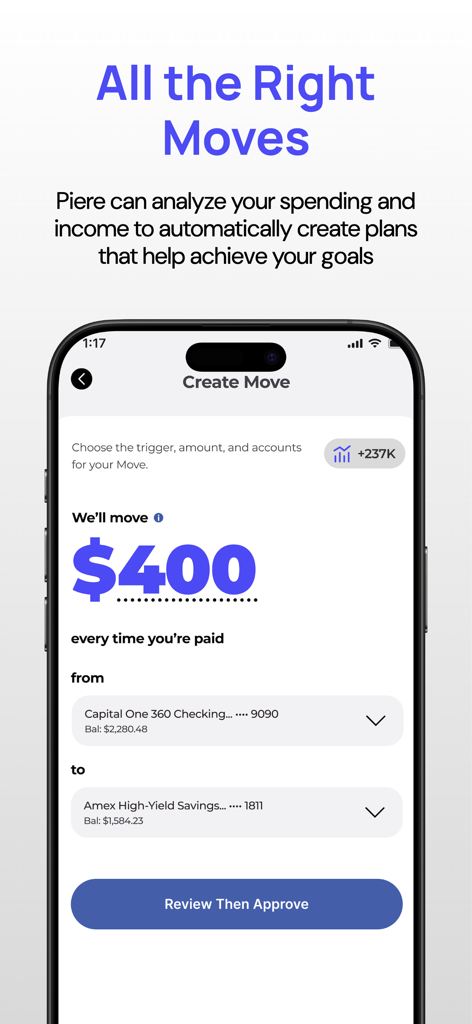 Piere: Budget, Save, Plan - Piere app screen showing the Create Move feature to automatically transfer money from a checking account to a high yield savings account