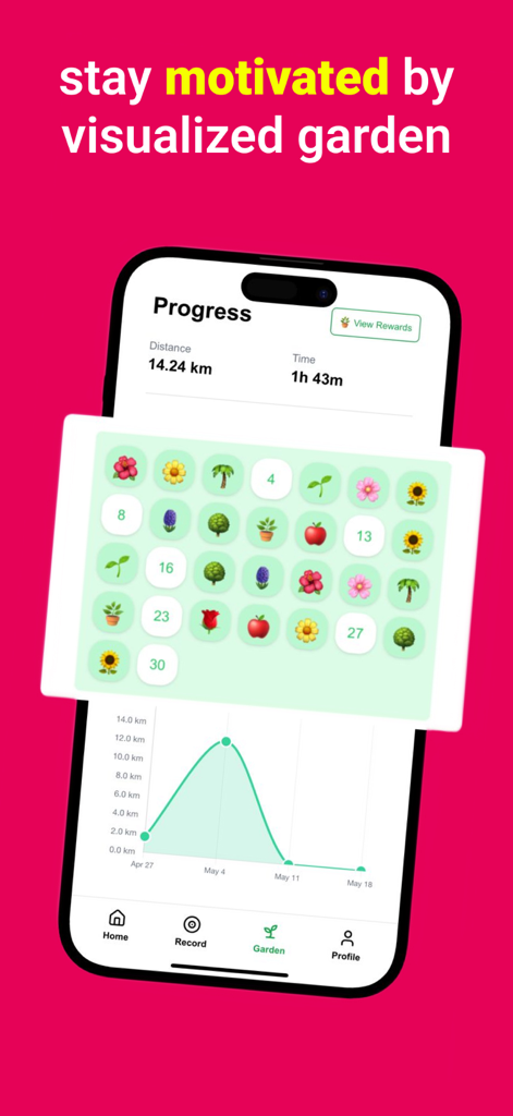 Run Tracker: Run&Grow - Run Tracker Run and Grow app interface showing a virtual garden of unlocked flowers and plants alongside a fitness progress chart