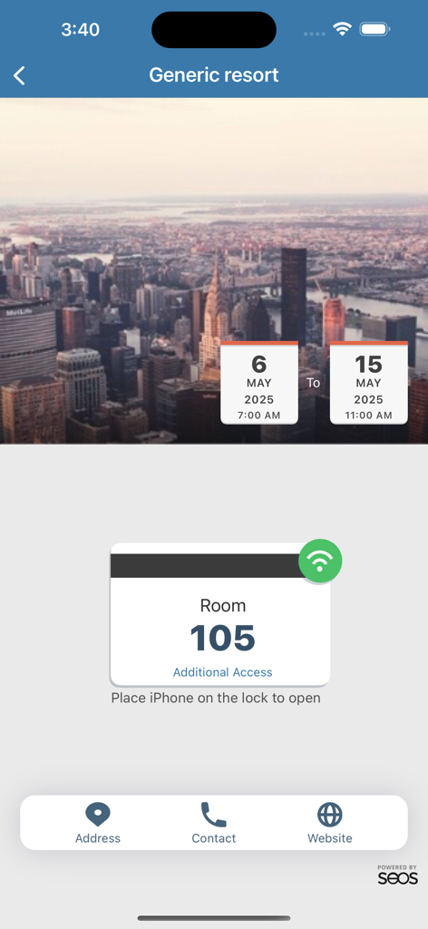 Hospitality Mobile Access - 105호실의 디지털 호텔 객실 키를 표시하는 모바일 앱 인터페이스