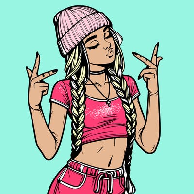 realistic teenage girl with braids and a beanie and crop top doing 🫶🏼