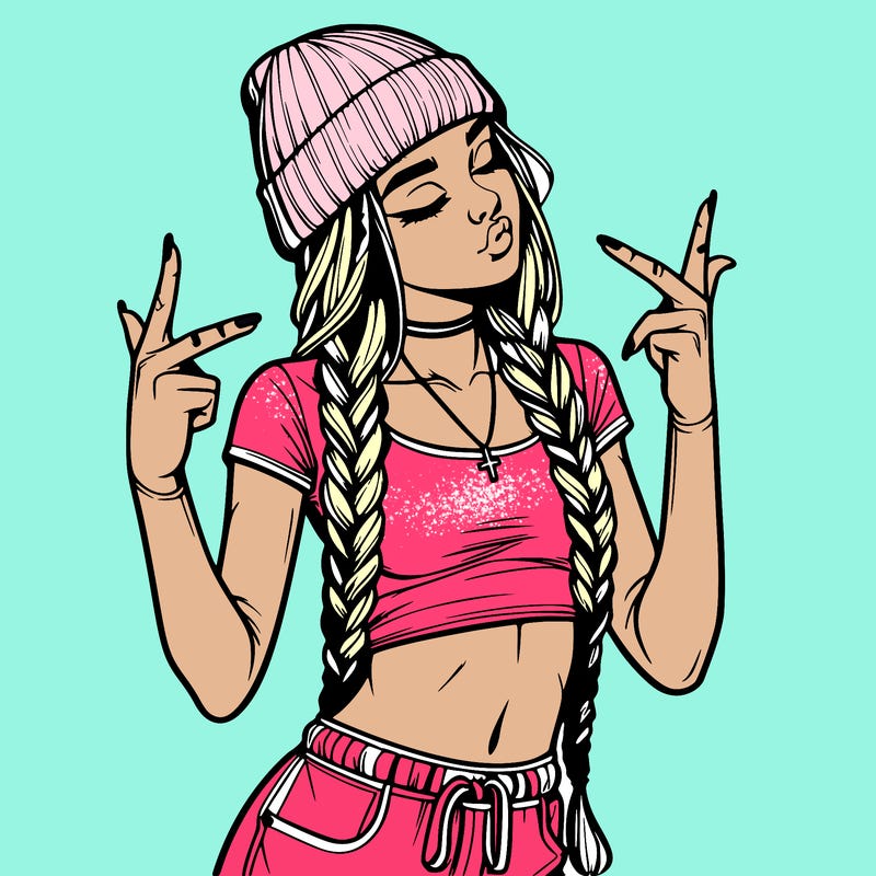 realistic teenage girl with braids and a beanie and crop top doing 🫶🏼