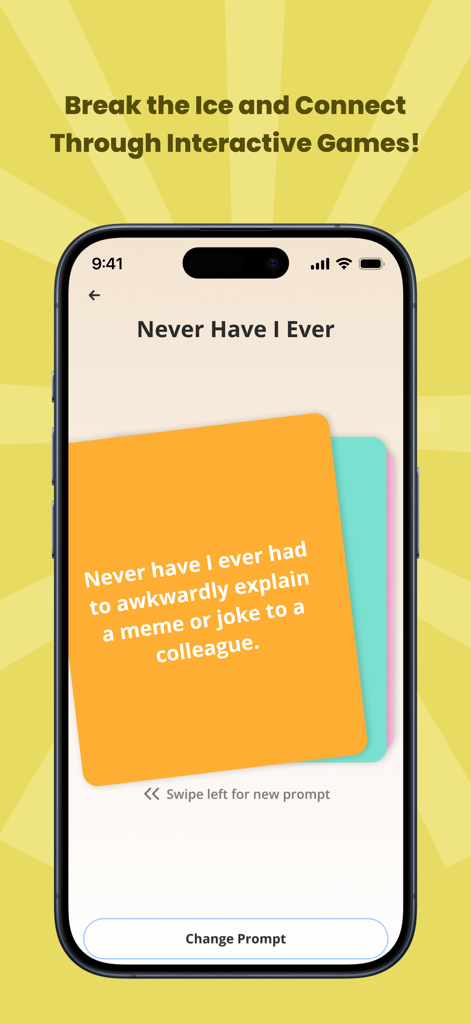 A Never Have I Ever game card on the Kozyclan party games app screen.