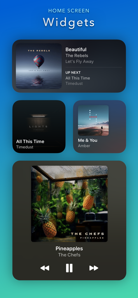 Marvis Pro - Marvis Pro music app home screen widgets showing album art and playback controls on an iPhone