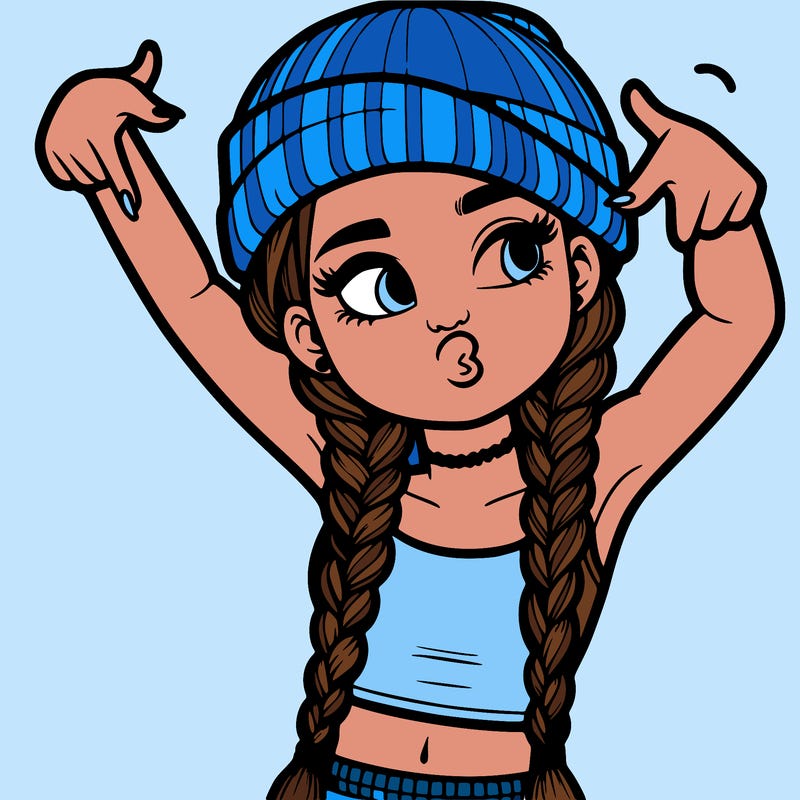 realistic teenage girl with braids and a beanie and crop top doing 🫶🏼