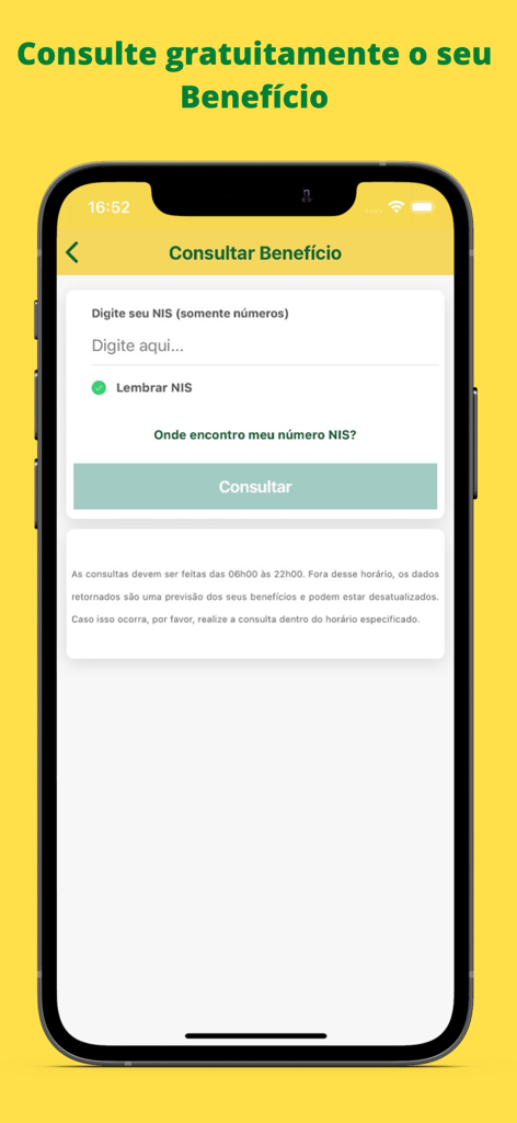 Consulta Bolsa Família - Interfaz de la aplicación Consulta Bolsa Família mostrando un campo para ingresar el número NIS y verificar el estado del beneficio.