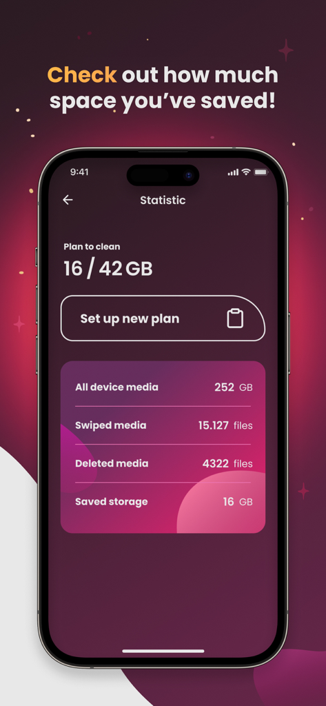 Photo Purge: Swipe & Delete - Pantalla de estadísticas en la aplicación Photo Purge que muestra el espacio de almacenamiento guardado y el progreso de limpieza de medios.