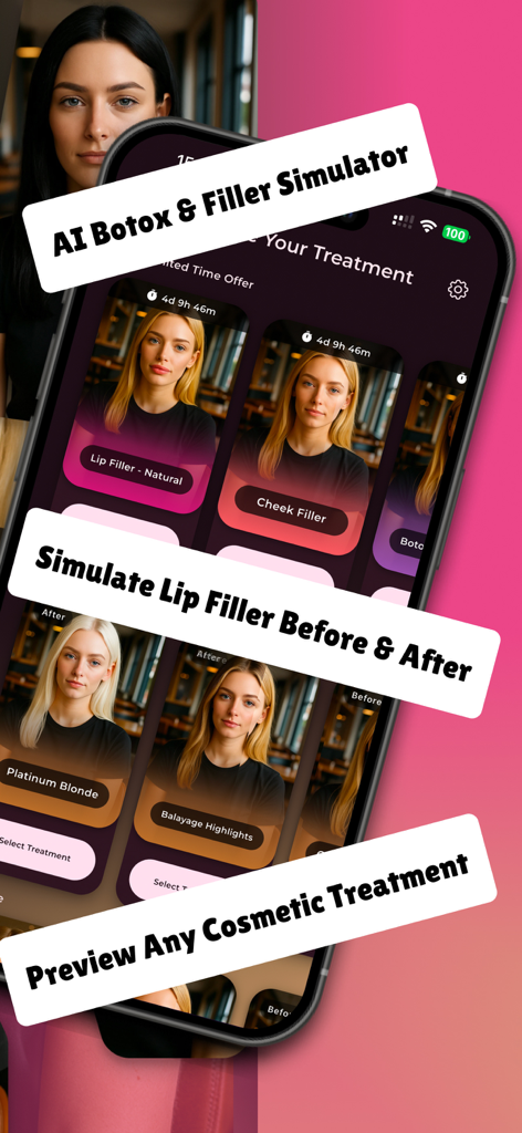 입술 필러 시술 전후 결과를 보여주는 AI 보톡스 및 얼굴 필러 시뮬레이터 앱