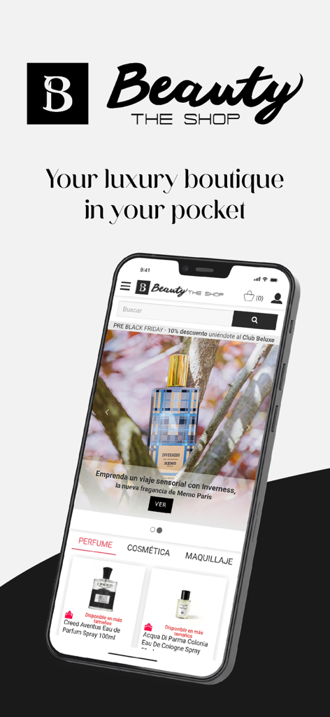 Smartphone displaying BeautyTheShop app interface with luxury perfumes and cosmetics