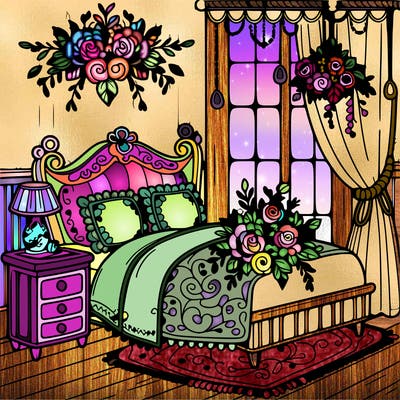 a beautiful room with flowers on the bed