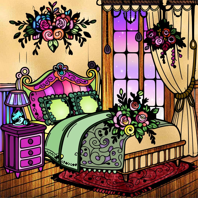 a beautiful room with flowers on the bed