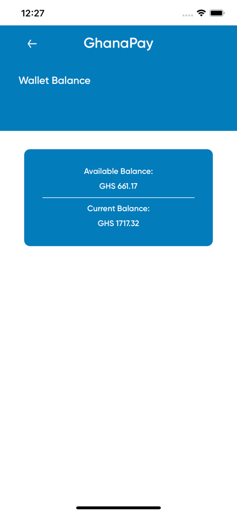 GhanaPay Customer - GhanaPay app interface displaying available and current wallet balance in Ghanaian Cedis