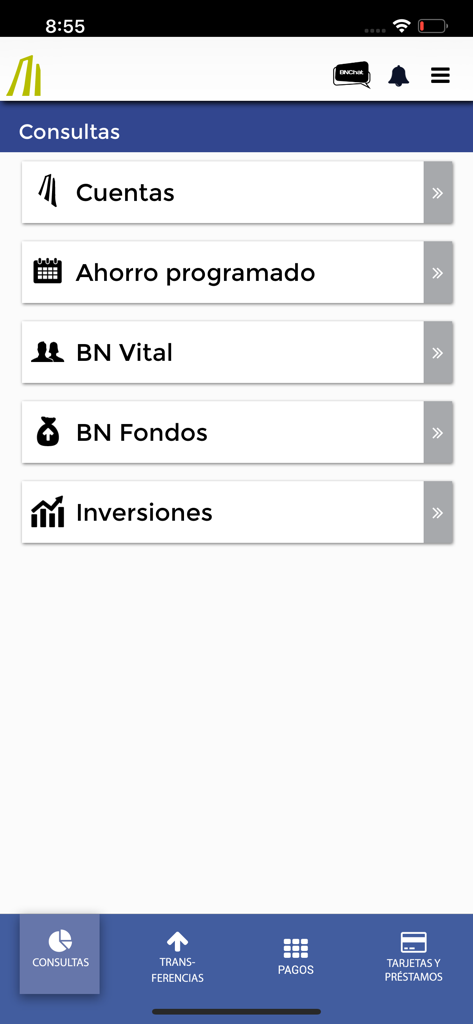 BN Móvil - BN Movil app interface showing financial inquiry options like accounts and savings