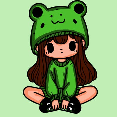a girl wearing a frog hat and some frog socks