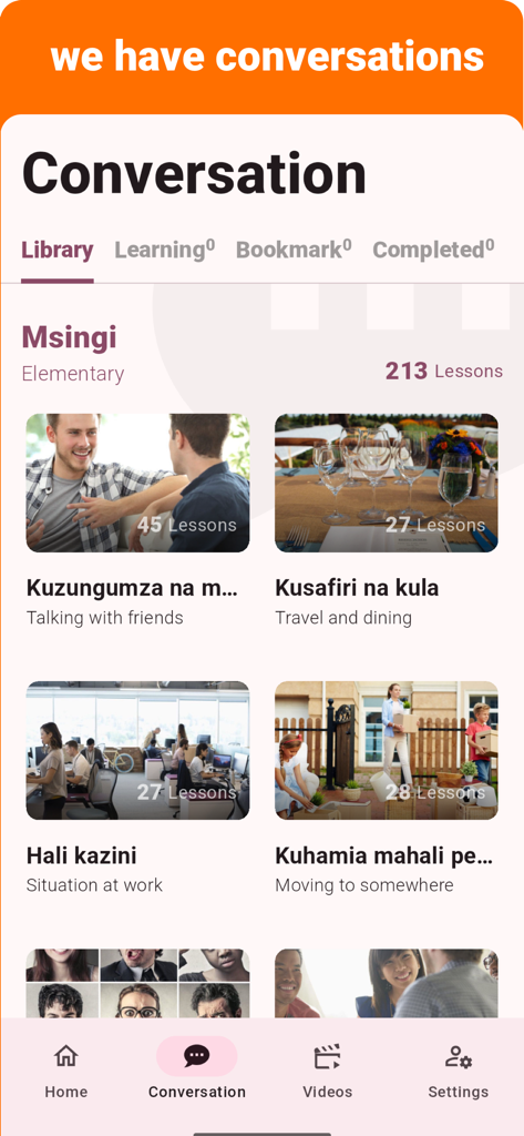 Swahili - Listening Speaking - Interface de l'application Swahili d'écoute et de parole montrant des catégories de conversation élémentaires comme parler avec des amis et voyager et dîner.