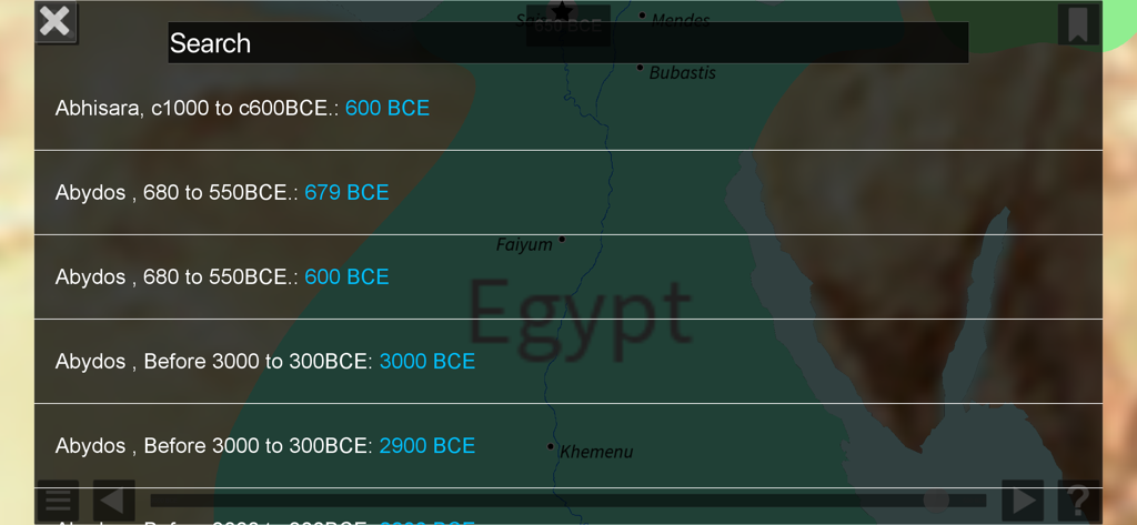 World History Maps: Ancient - A search interface in the World History Maps app showing historical dates for locations like Abydos over a map of Egypt