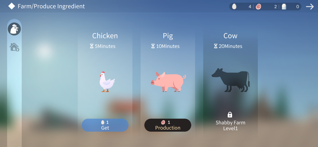 Casting Away - Interface of the Casting Away game showing options to farm ingredients from a chicken pig and cow