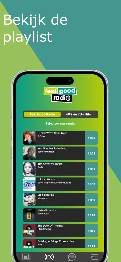 Feel Good Radio - Nieuws&Radio - Interfaz de la aplicación Feel Good Radio que muestra una lista de reproducción de classic hits reproducidos recientemente con títulos de canciones y horarios de transmisión
