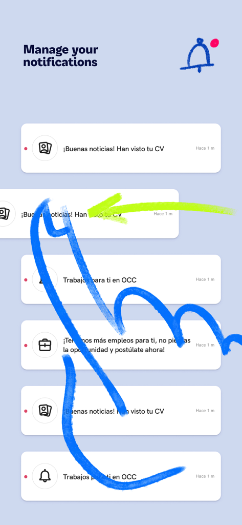 Bildschirmverwaltung Ihrer Benachrichtigungen in der OCC Job Search App mit Job-Alarmen.