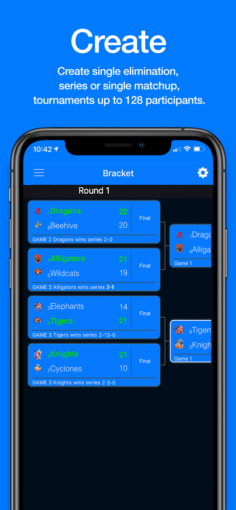 Uma tela de smartphone exibindo uma chave de torneio com confrontos de times e placares para a primeira rodada.