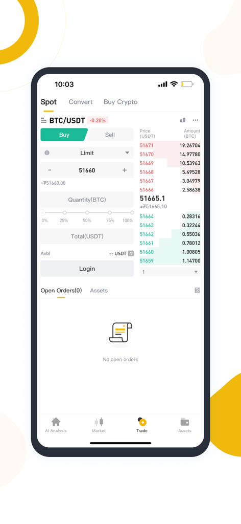 AI Analysis mobile app interface for crypto spot trading with BTC USDT pair