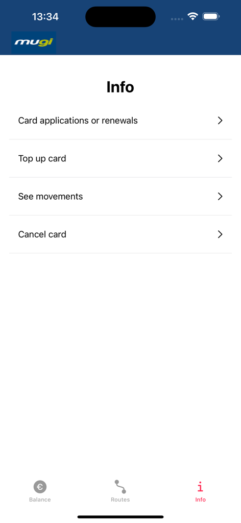Mugi - ATTG - Mugi app info screen displaying menu options for card applications top up and balance movements for public transit in Gipuzkoa