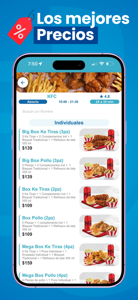 Vesli app screen showing KFC menu items with clear pricing and delivery information