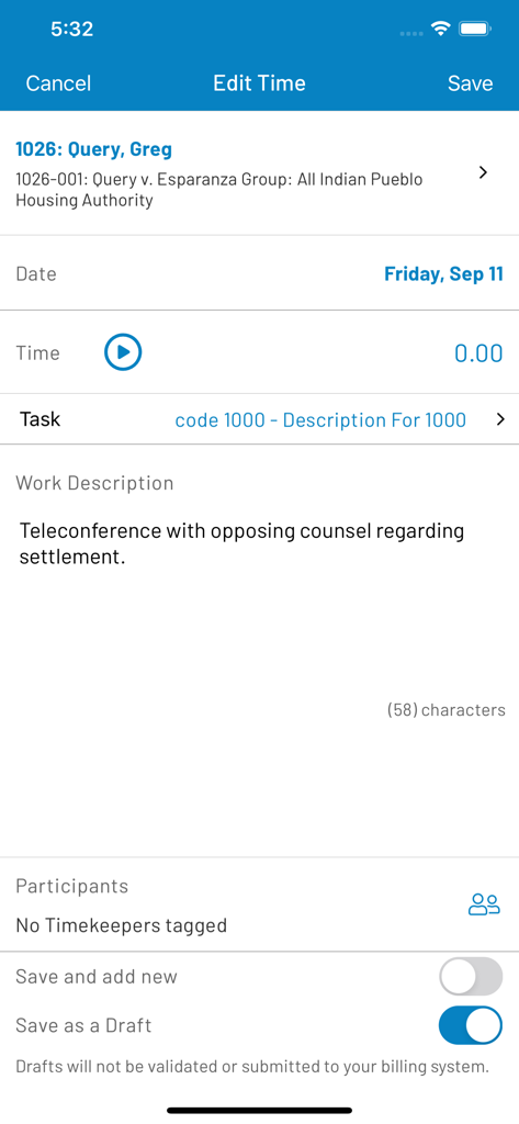 iTimekeep - iTimekeep mobile app interface for editing a legal time entry and recording billable hours.