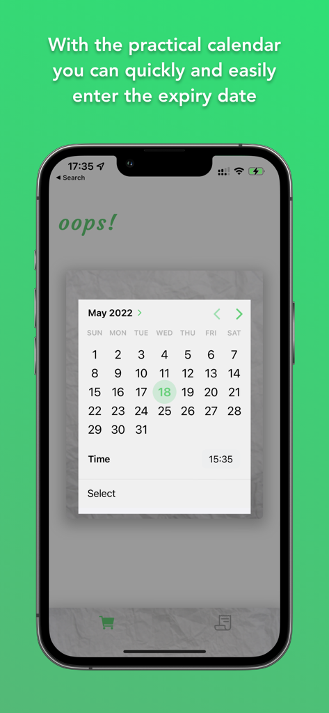 A calendar interface within the Oops app to quickly select food expiration dates on an iPhone.