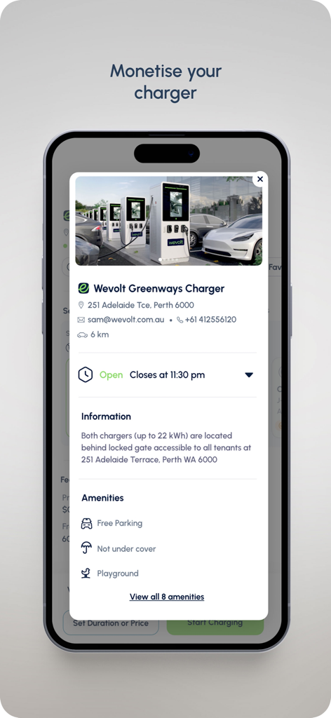 Wevolt app interface showing details for a shared electric vehicle charging station including hours and amenities.