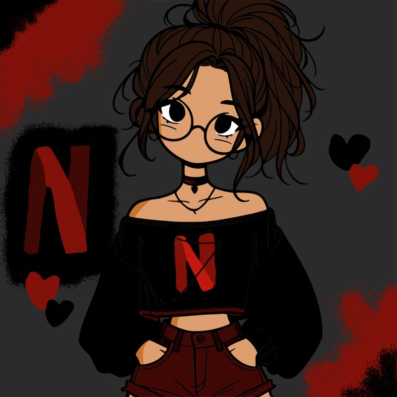 girl with a messy ponytail glasses a baggy crop top and jean shorts