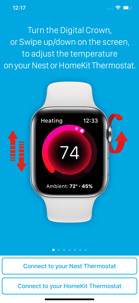 Interface do Apple Watch mostrando controle de temperatura para termostatos Nest e HomeKit via Digital Crown e deslizamento