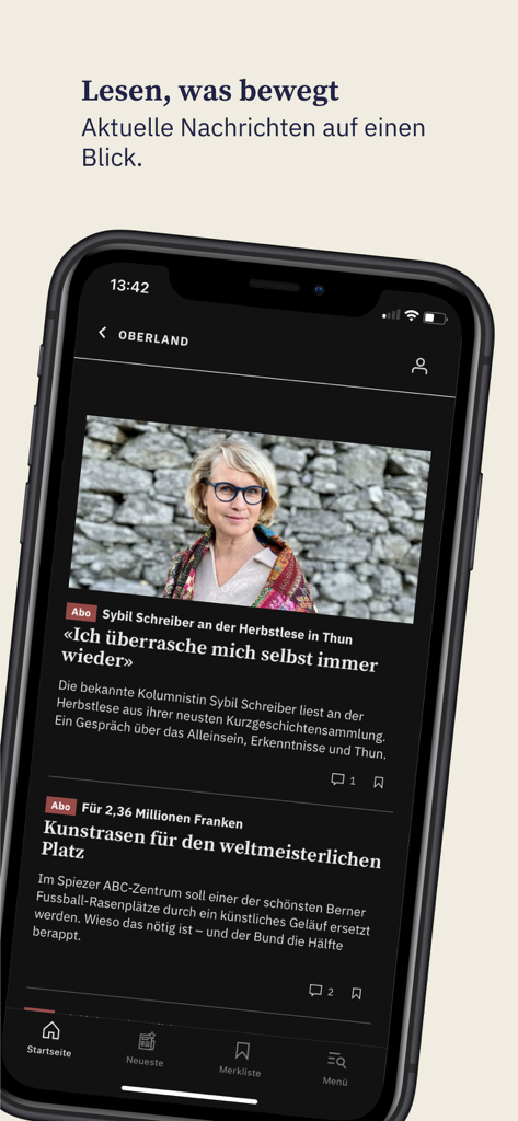 BZ Berner Oberländer - Smartphone displaying the BZ Berner Oberlaender app with regional headlines from the Oberland region