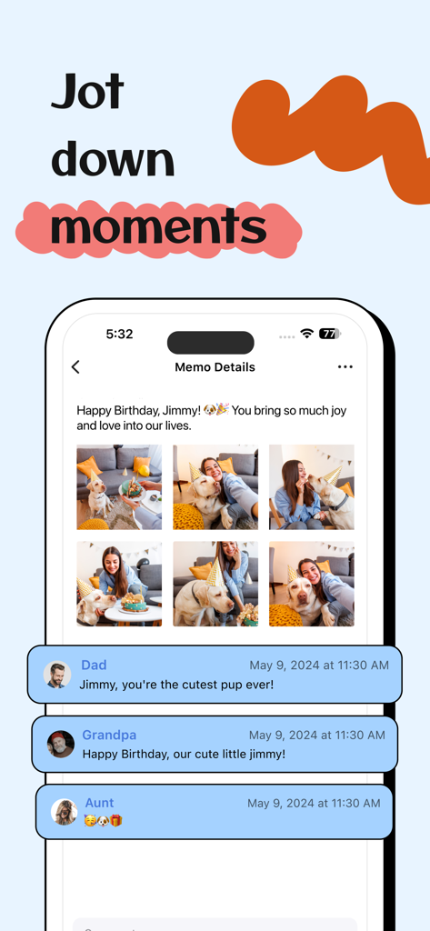 Screenshot of FamCal app showing a shared family memo with a photo gallery of a dog's birthday and comments from family members.