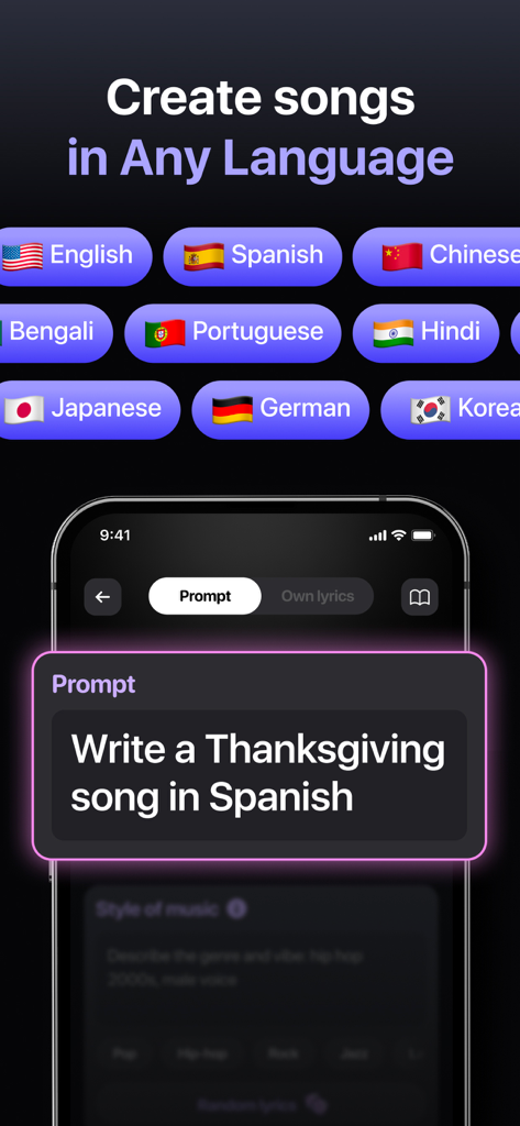 AI Song Music Generator: Muzio - Muzio app interface showing how to create songs in different languages with AI prompts