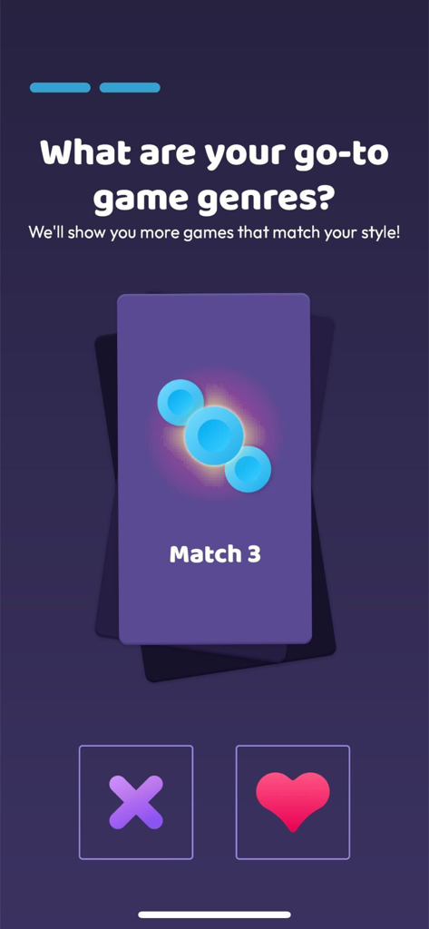 Interface of the gamehouse plus app asking for user game genre preferences showing a Match 3 card with like and dislike buttons