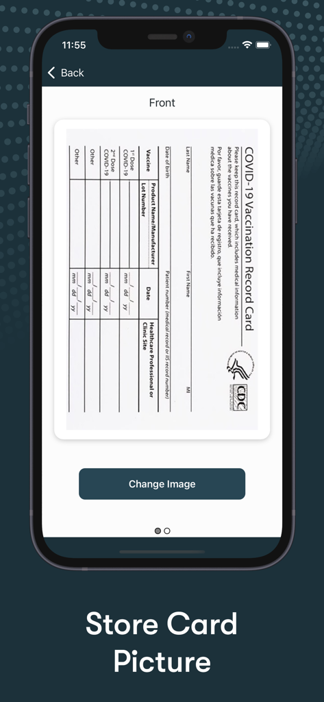 Interface of the digital wallet app showing a stored photo of a vaccination record card