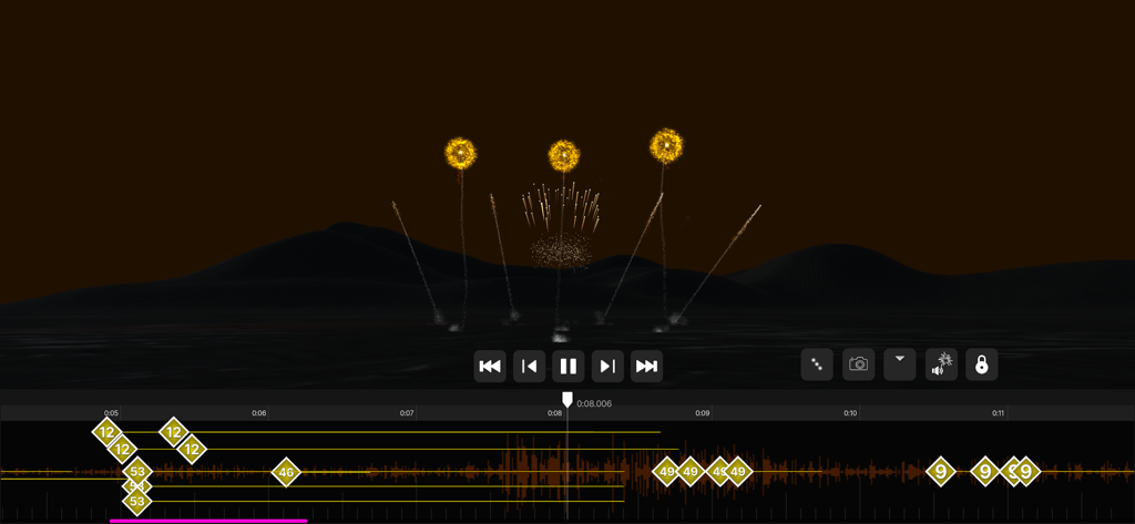 Pyro Simulator for iPhone - Timeline interface for choreographing fireworks displays with music in Pyro Simulator