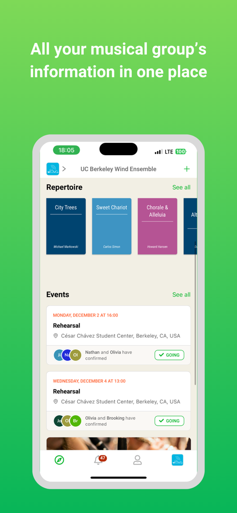 Glissandoo - Glissandoo app interface showing musical group repertoire and upcoming rehearsal schedules