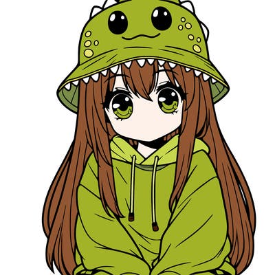 girl with anime shaped eyes with a dinosaur bucket hat oversized sweatshirt long straight hair