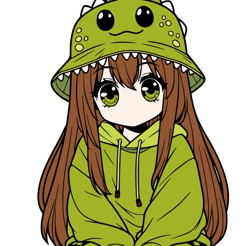girl with anime shaped eyes with a dinosaur bucket hat oversized sweatshirt long straight hair